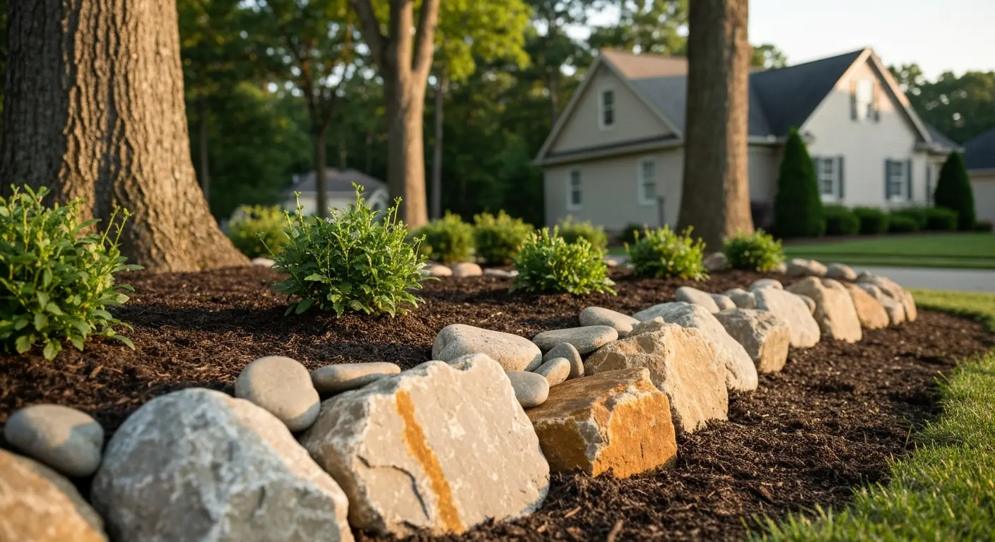 Decorative rock installation in Greenwood flower bed