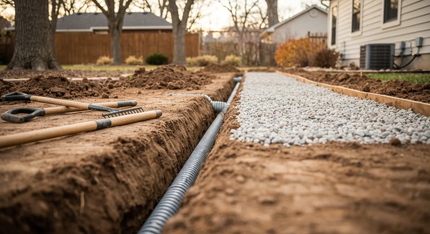 Landscape fabric removal and drainage prep