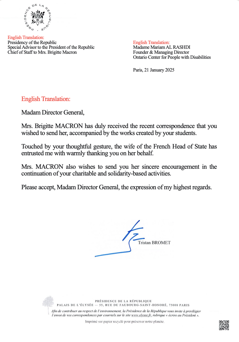 Letter from Élysée Palace to the Ontario Center for People with Disabilities Letter from Élysée Palace to the Ontario Center for People with Disabilities