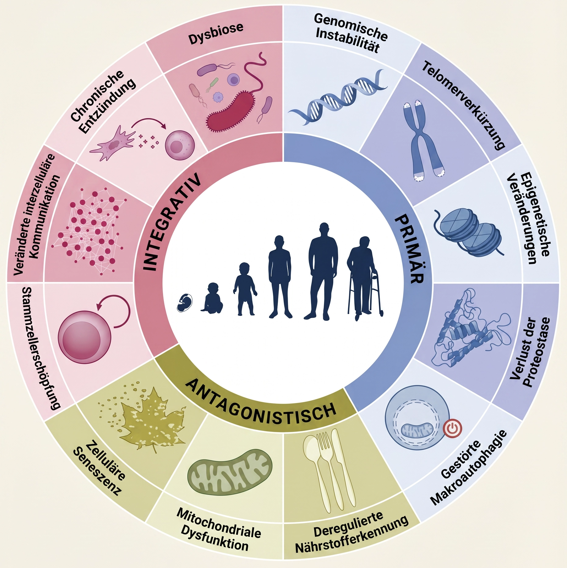 Die 12 Hallmarks of Aging in drei Kategorien: Primär (Genomische Instabilität, Telomerverkürzung, Epigenetische Veränderungen, Verlust der Proteostase, Gestörte Makroautophagie), Antagonistisch (Deregulierte Nährstofferkennung, Mitochondriale Dysfunktion, Zelluläre Seneszenz) und Integrativ (Stammzellerschöpfung, Veränderte interzelluläre Kommunikation, Chronische Entzündung, Dysbiose) — eigene Darstellung basierend auf López-Otín et al., Cell 2023
