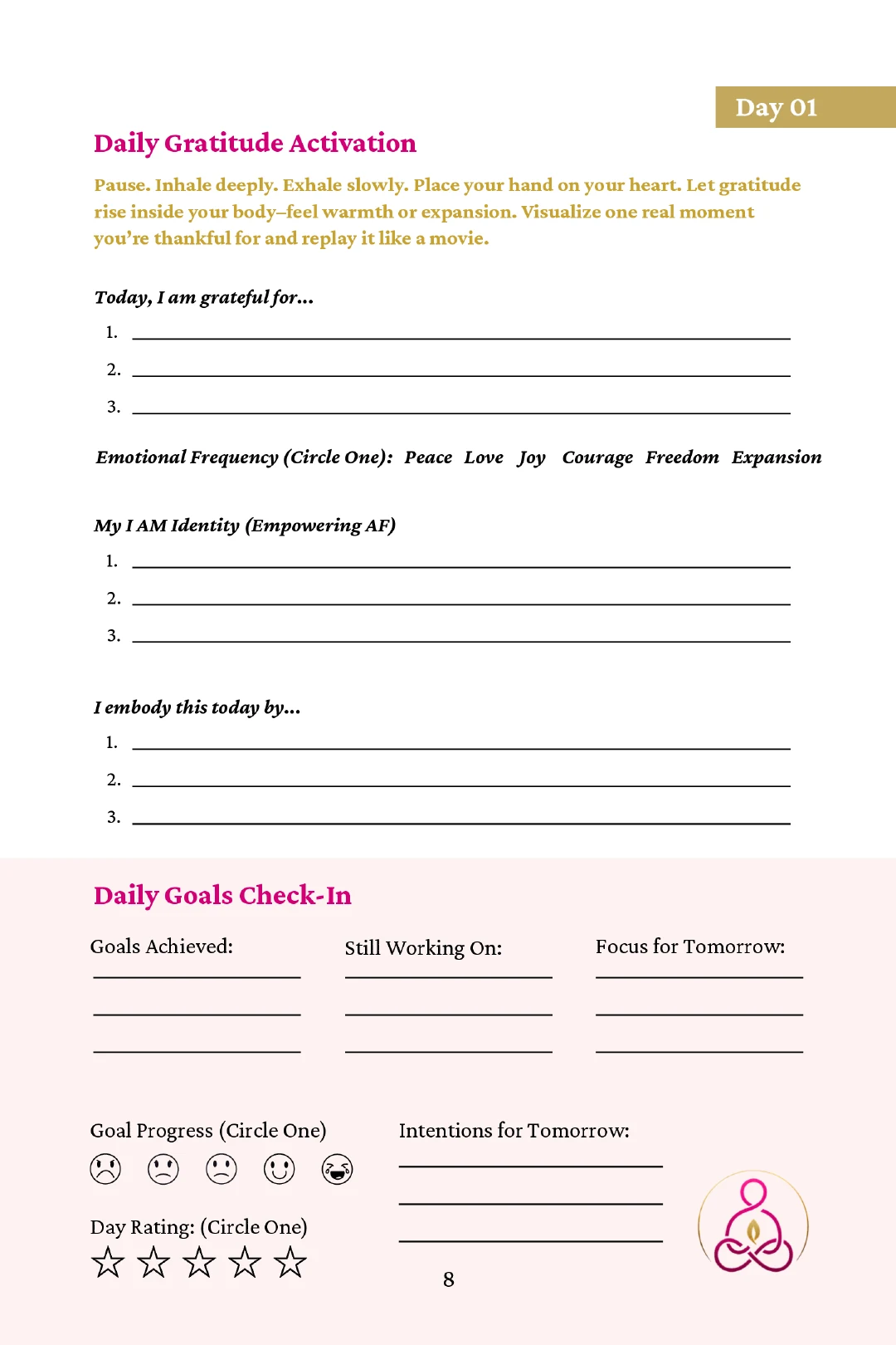 Authentic interior page from the SUPERFREQ journal: Daily Gratitude Activation, Emotional Frequency, I AM Identity, and Daily Goals Check-In