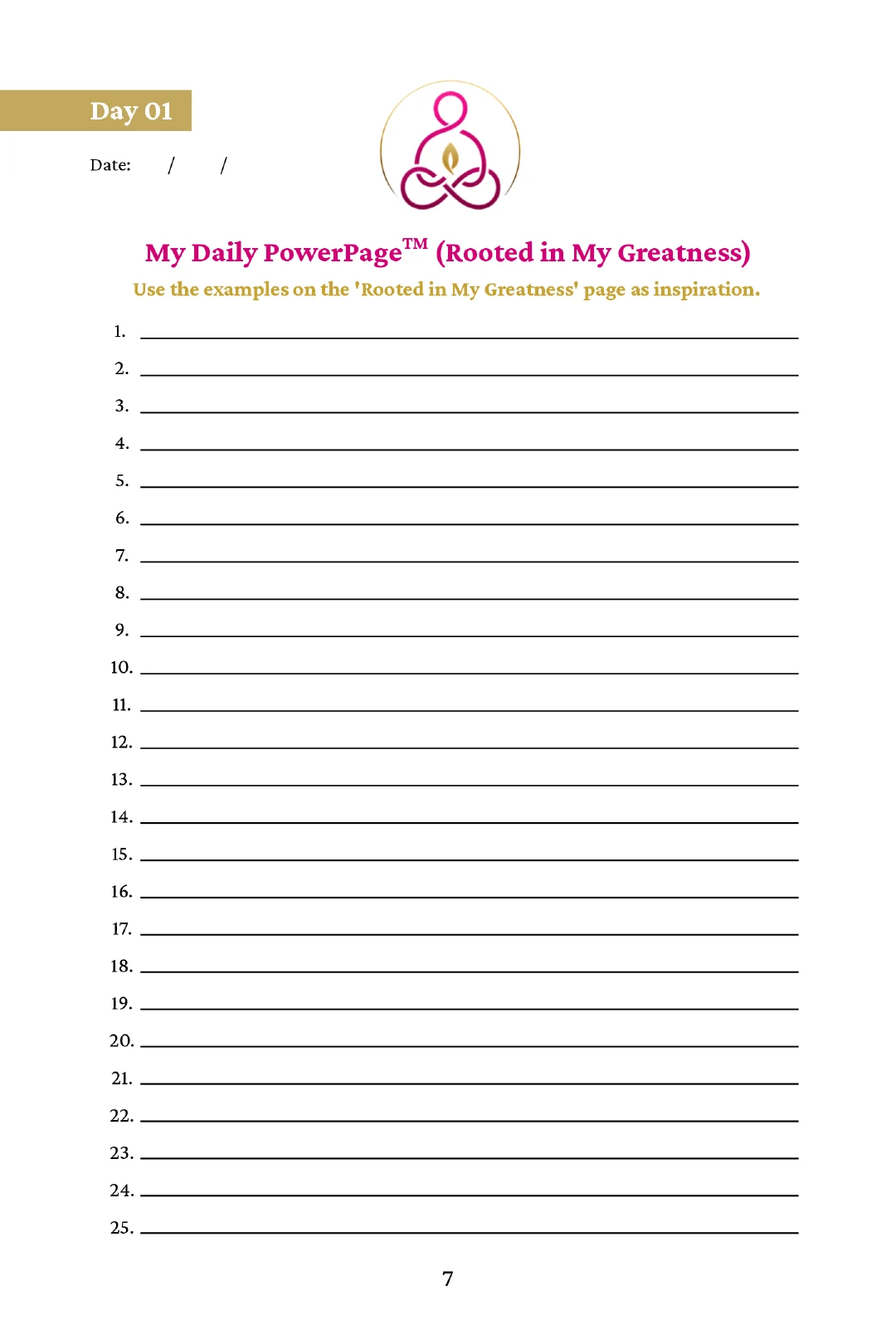 Authentic interior page from the SUPERFREQ journal: My Daily PowerPage, Rooted in My Greatness — a guided list for recording daily wins