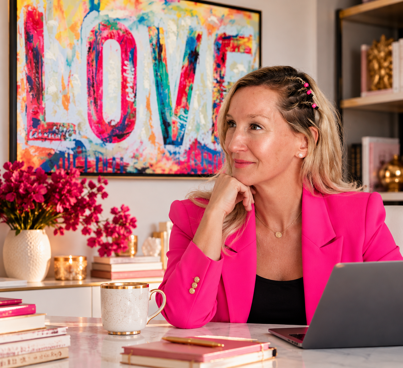 Editorial illustration of Courtney Cote in a pink blazer, smiling at her desk beneath LOVE artwork