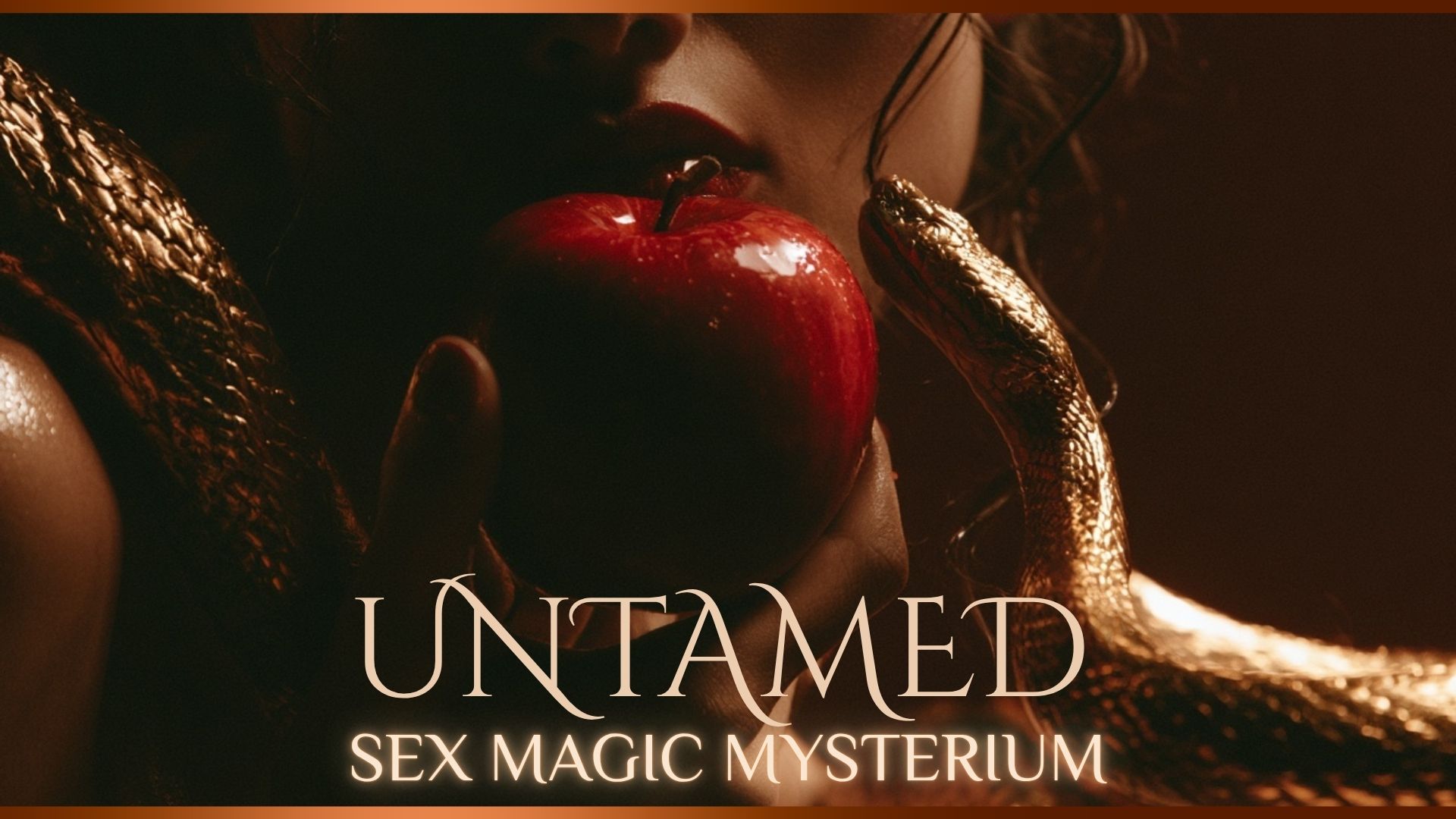 Untamed artwork with a red apple and golden serpents