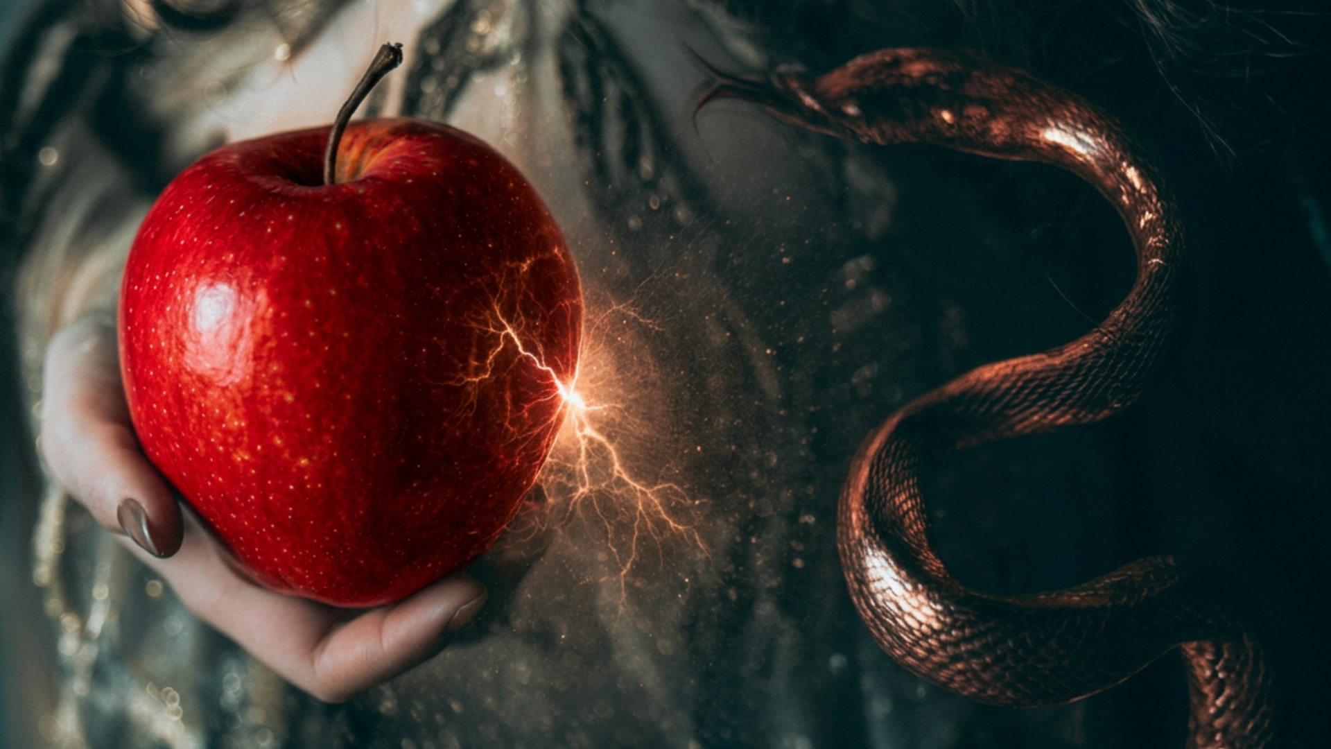 A red apple, serpent and spark of energy
