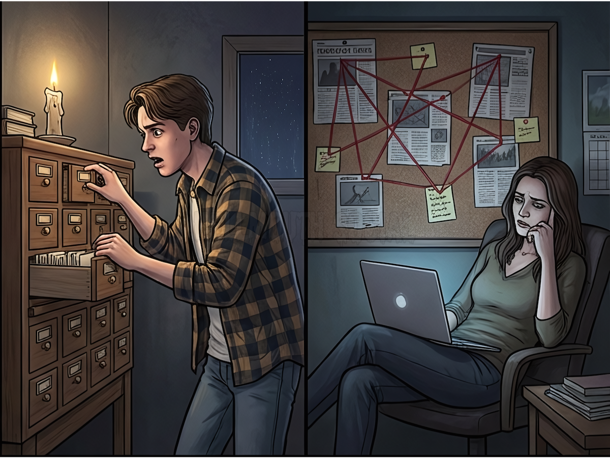90s male teenager frantically searching a library card catalog by candlelight, contrasted with an adult 45-year old woman sitting in a dark room with a laptop, looking like a tired detective at a corkboard full of red string
