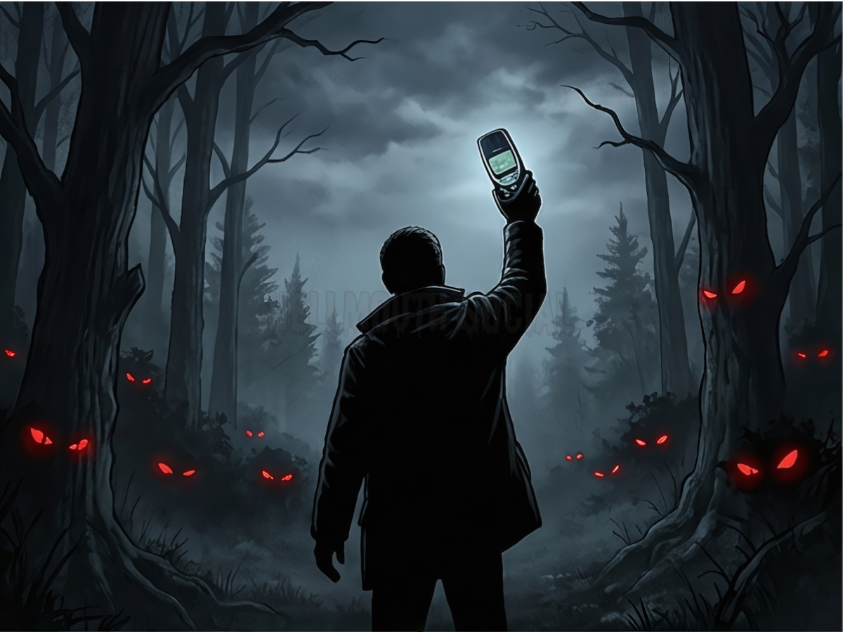 a dark, foggy forest where a character is desperately holding a chunky Nokia brick phone up to the sky, surrounded by glowing red "monster eyes" in the shadows that represent the isolation of the pre-smartphone era