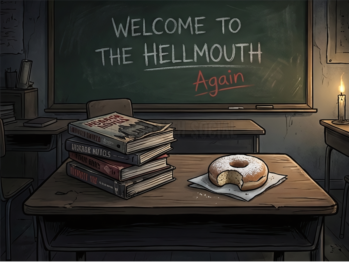 messy school desk topped with a stack of horror novels, a half-eaten donut, and a chalkboard in the background that has "WELCOME TO THE HELLMOUTH" written in chalk, with "Again" scribbled underneath in red