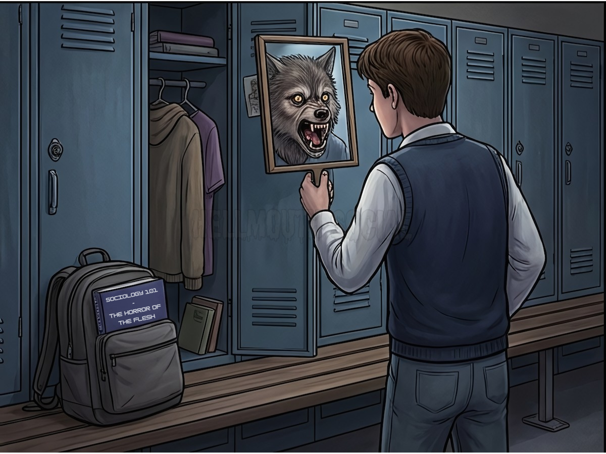 a teenager looking into a locker mirror and seeing a terrified werewolf staring back, while a "Sociology 101" textbook sits in their backpack labeled "The Horror of the Flesh"