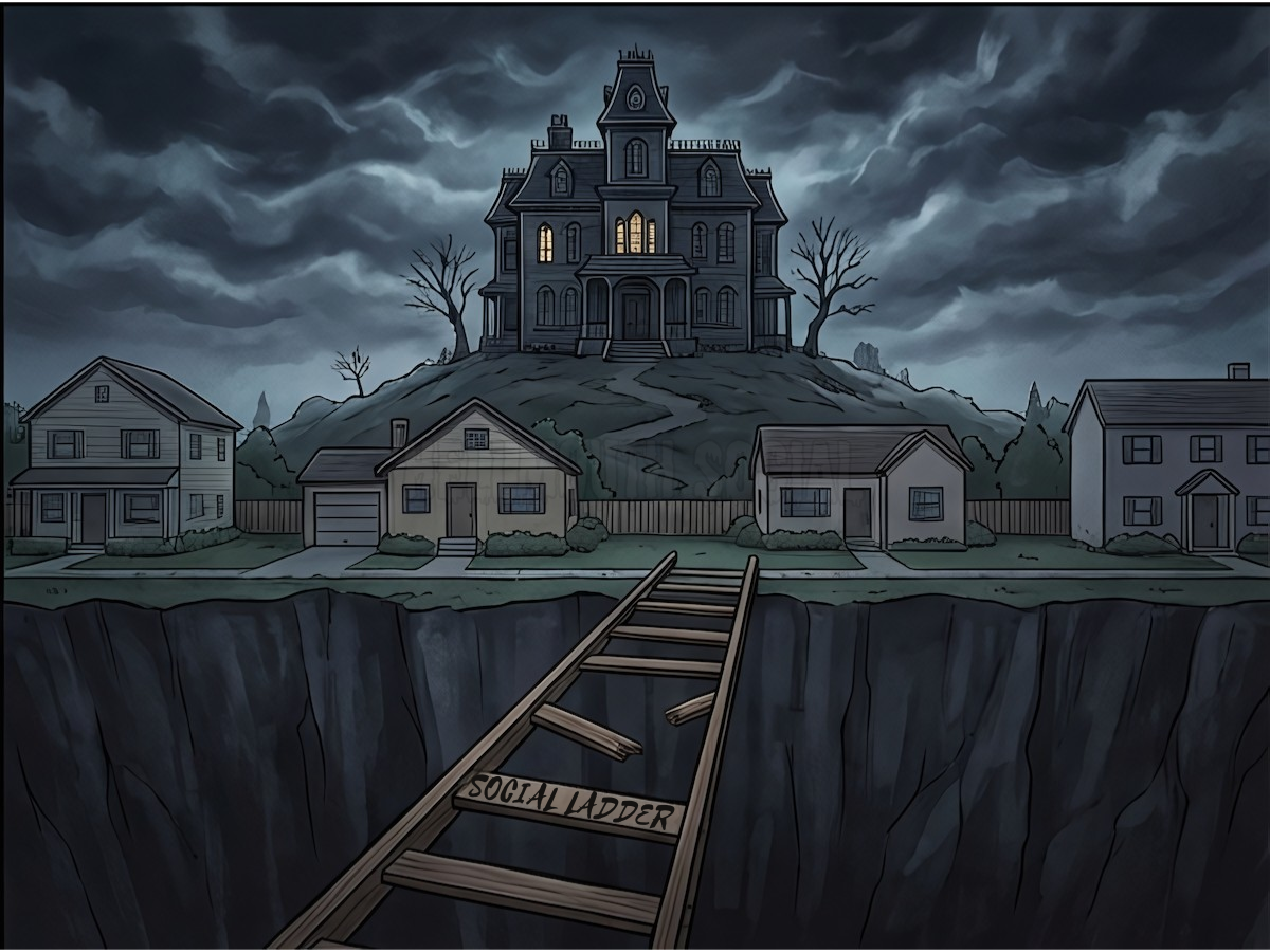 a moody, gothic mansion on a hill and a row of modest "Everytown, USA" houses below, with a literal social "ladder" between them that has several broken rungs