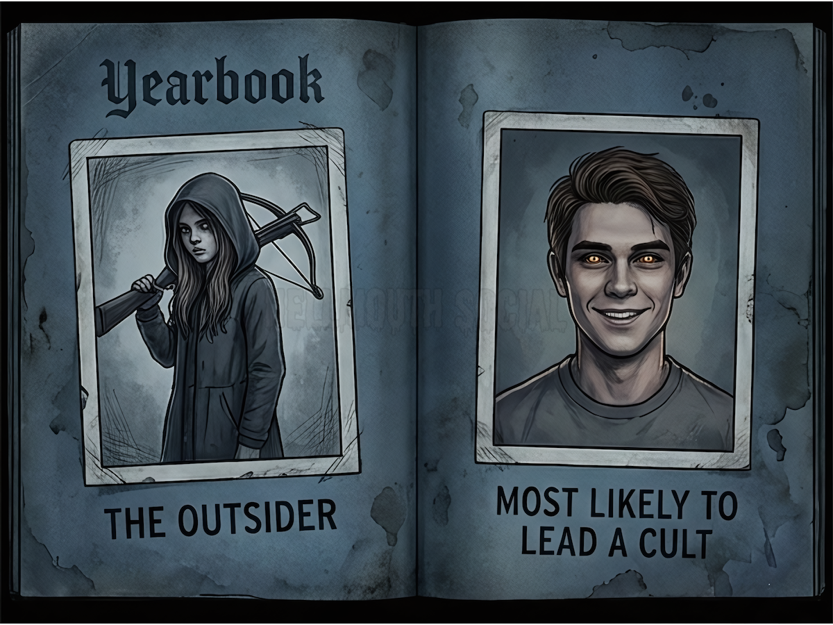 5.tylized "Yearbook" page where one photo is a lone, cool-looking girl with a crossbow (The Outsider) and the other is a charismatic guy with glowing eyes and a "Most Likely to Lead a Cult" superlative underneath