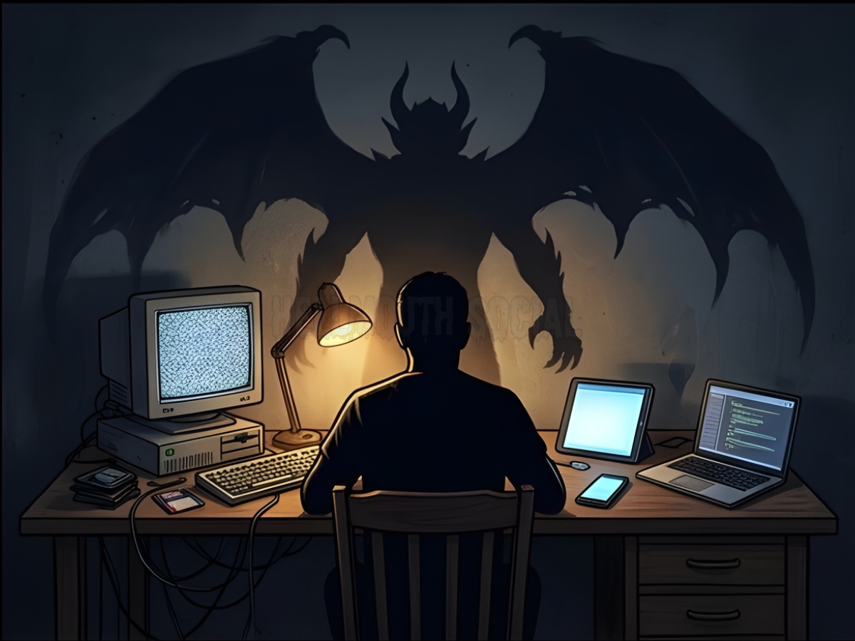 a person sitting at a desk, where their shadow on the wall is transforming into a powerful, winged creature. The desk is cluttered with a mix of 90s nostalgia—like floppy disks and a chunky monitor—merged with sleek, modern 2020s tablets.