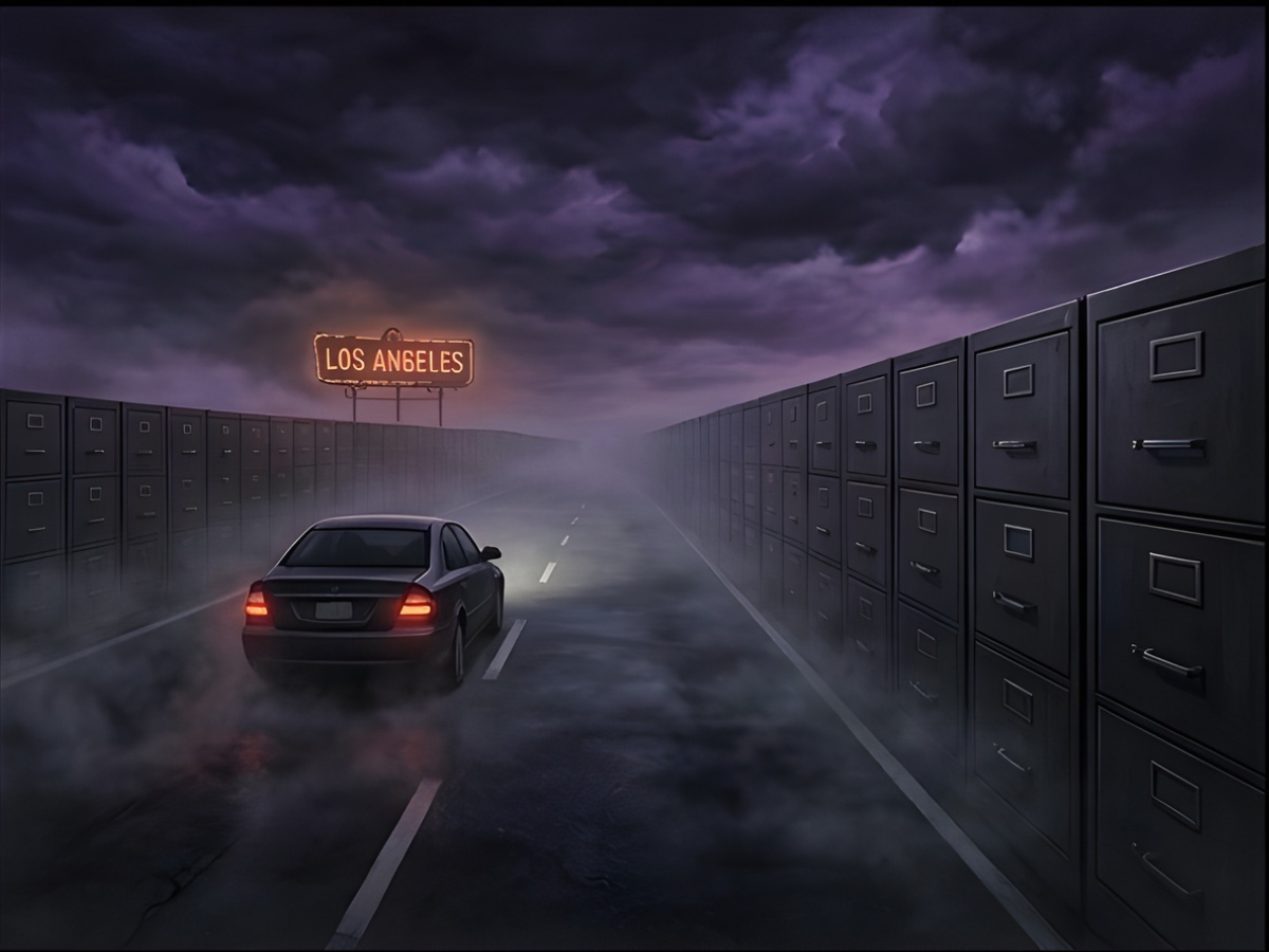 A lone car driving down a desolate, fog-drenched highway that transitions into a row of filing cabinets stretching infinitely into the horizon. In the distance, a faded, flickering neon sign for "Los Angeles" glows ominously against a bruised purple sky.