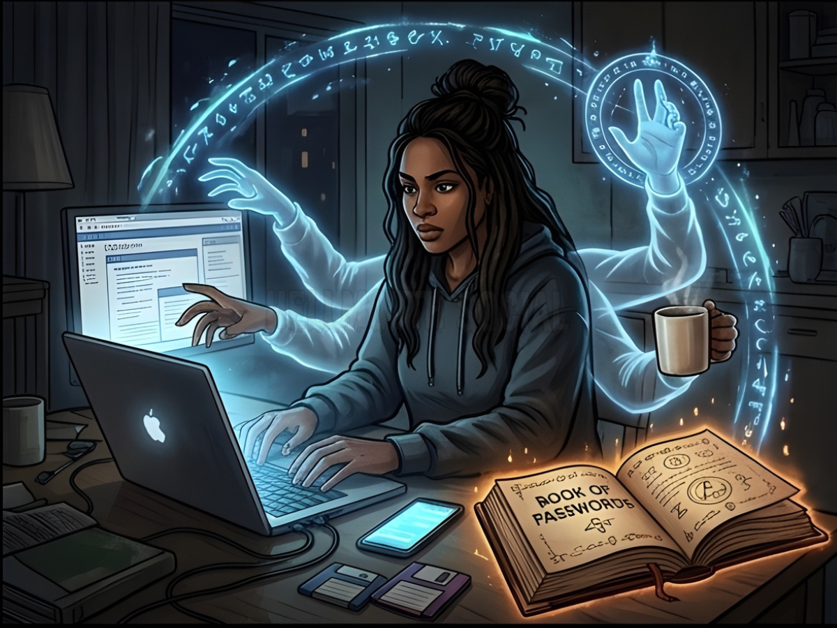 a long-haired Black woman with multiple ghostly arms: one arm is casting a shimmering protection spell, another is typing frantically on a laptop, and a third is holding a lukewarm cup of coffee. A "Book of Passwords" sits open on the table, glowing with the same intensity as a magical grimoire.
