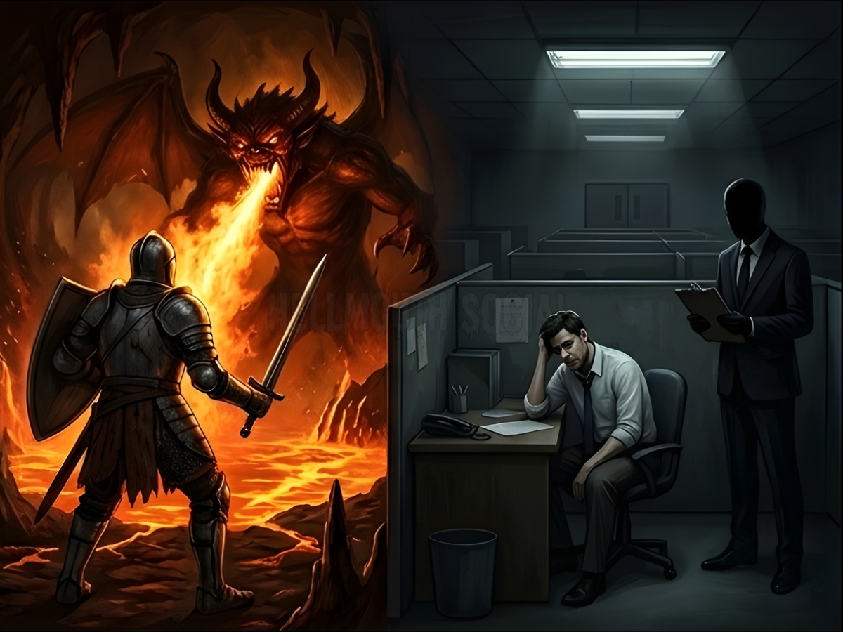 a knight heroically facing a giant fire-breathing demon on one side, and a lone office worker sitting under a single flickering fluorescent light facing a shadowy, faceless HR representative on the other.