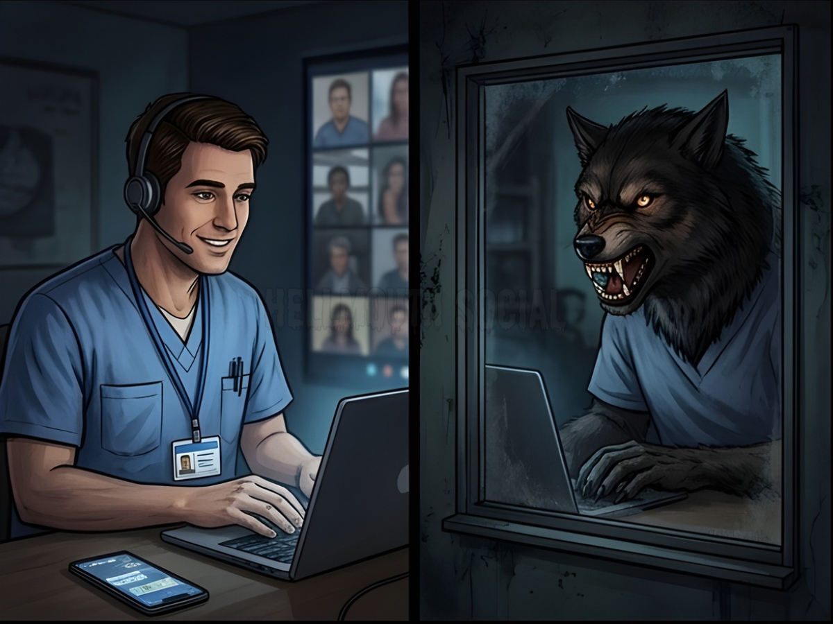 split-screen style illustration showing a "normal" brown-haired male employee in a hospital scrub top during a Zoom call, while their reflection in a nearby window reveals a glowing-eyed werewolf trying to keep a calm, professional expression.