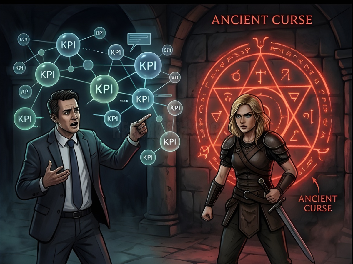 blonde female, teenage warrior stands before a massive, clearly labeled "Ancient Curse" glowing in red, while to their side, a corporate manager points toward a confusing, tangled web of floating, translucent "KPI" bubbles that have no beginning or end.