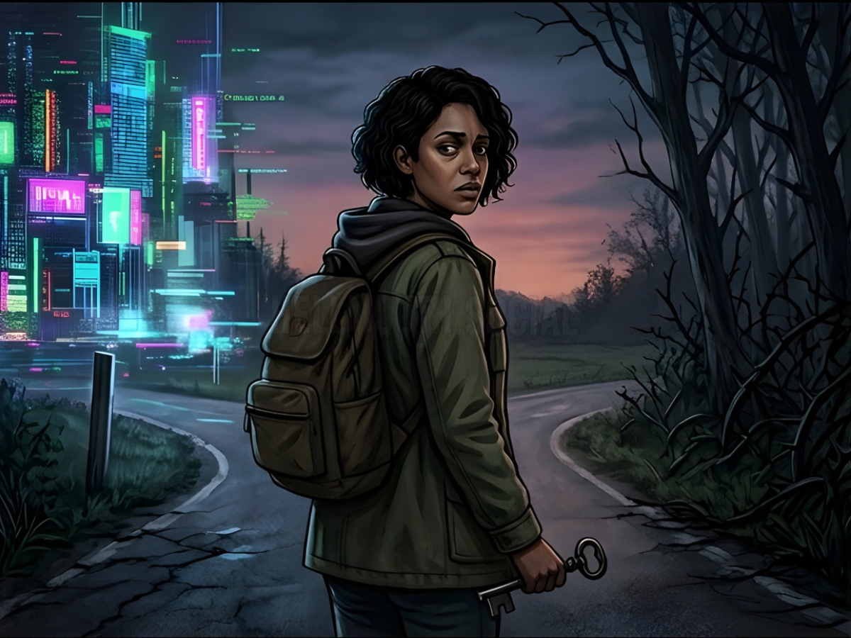 a tired Xennial Black female figure (with a short bob style) standing at a crossroads between a glowing, glitchy digital city and a dark, thorny forest. They are wearing a canvas field jacket and holding a heavy iron key, looking over their shoulder with an expression of weary resignation.