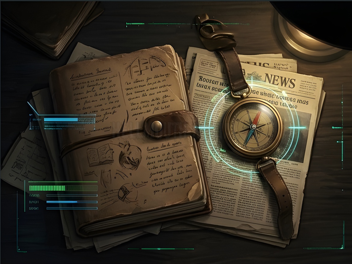 stack of hand-written journals and yellowed newspaper clippings weighted down by a heavy brass compass. Digital data-integrity bars and reticle overlays flicker over the analog objects, highlighting the bridge between old-world research and new-world threats.