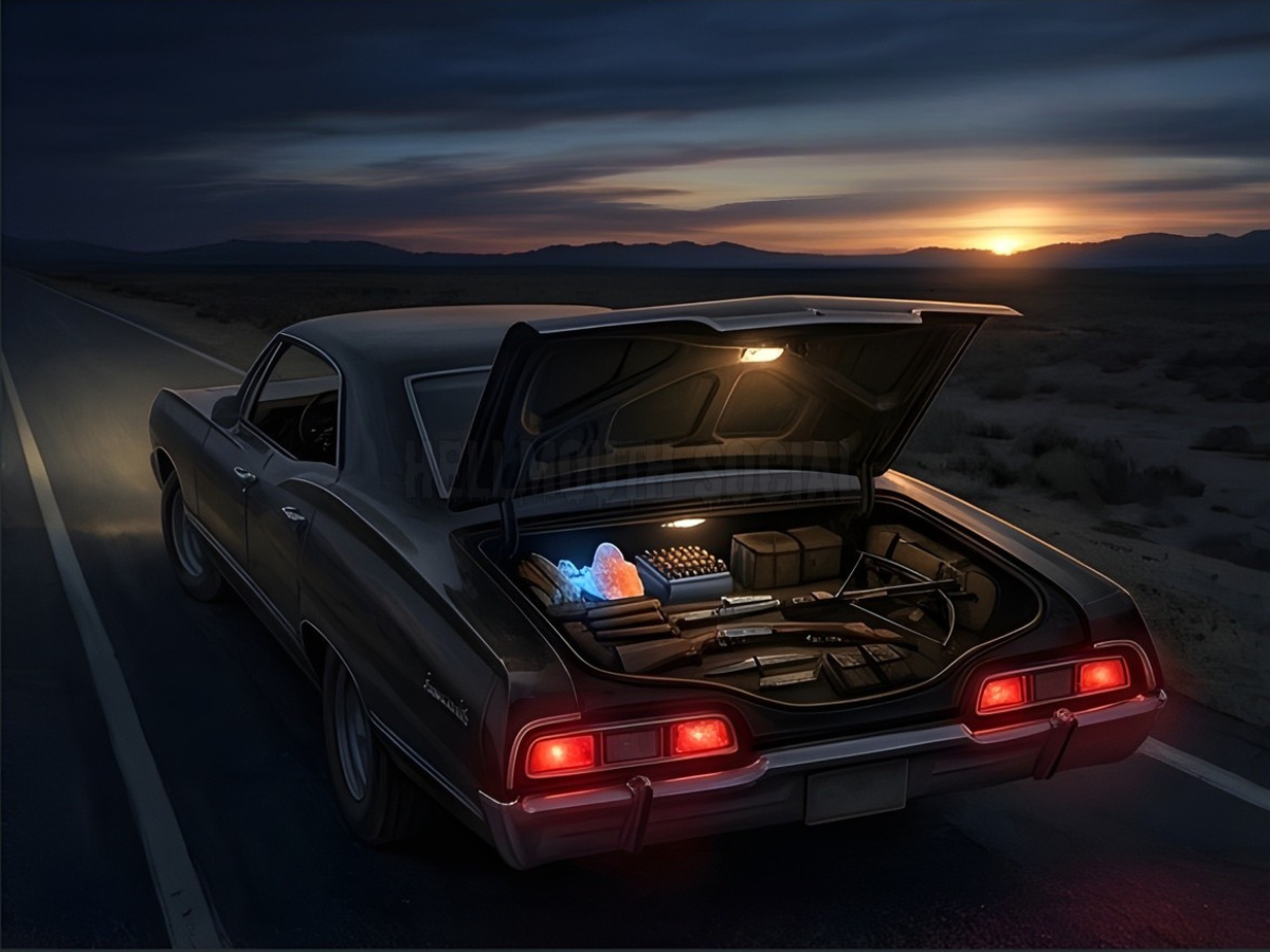 classic black muscle car parked on a lonely highway at dawn, its trunk open to reveal a glowing stash of rock salt and weaponry. In the distance, a faint "Apocalypse Readiness Matrix" HUD overlay sits against the rising sun, symbolizing one more night of successfully holding the line.