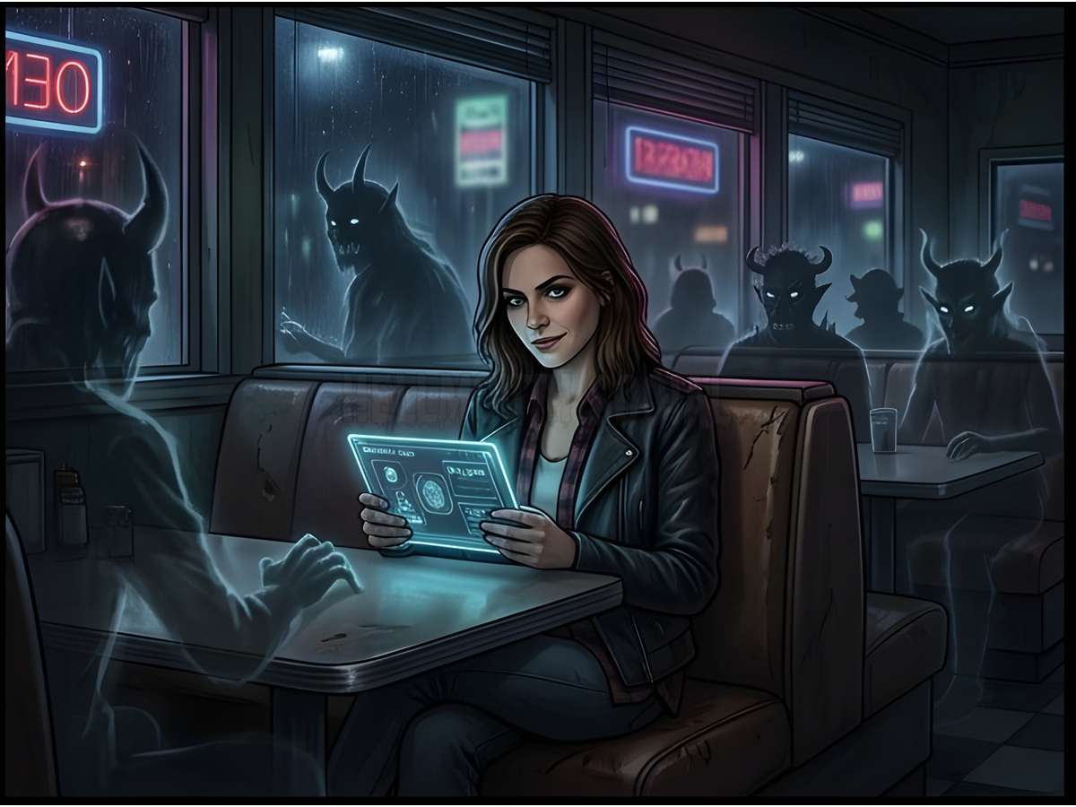 brown-haired female sitting alone in a dimly lit, 90s-style diner at night, surrounded by ghostly, translucent silhouettes of monsters sitting at other tables. The figure is looking directly at the viewer with a knowing, cynical smirk while holding a glowing "biometric scan" tablet.