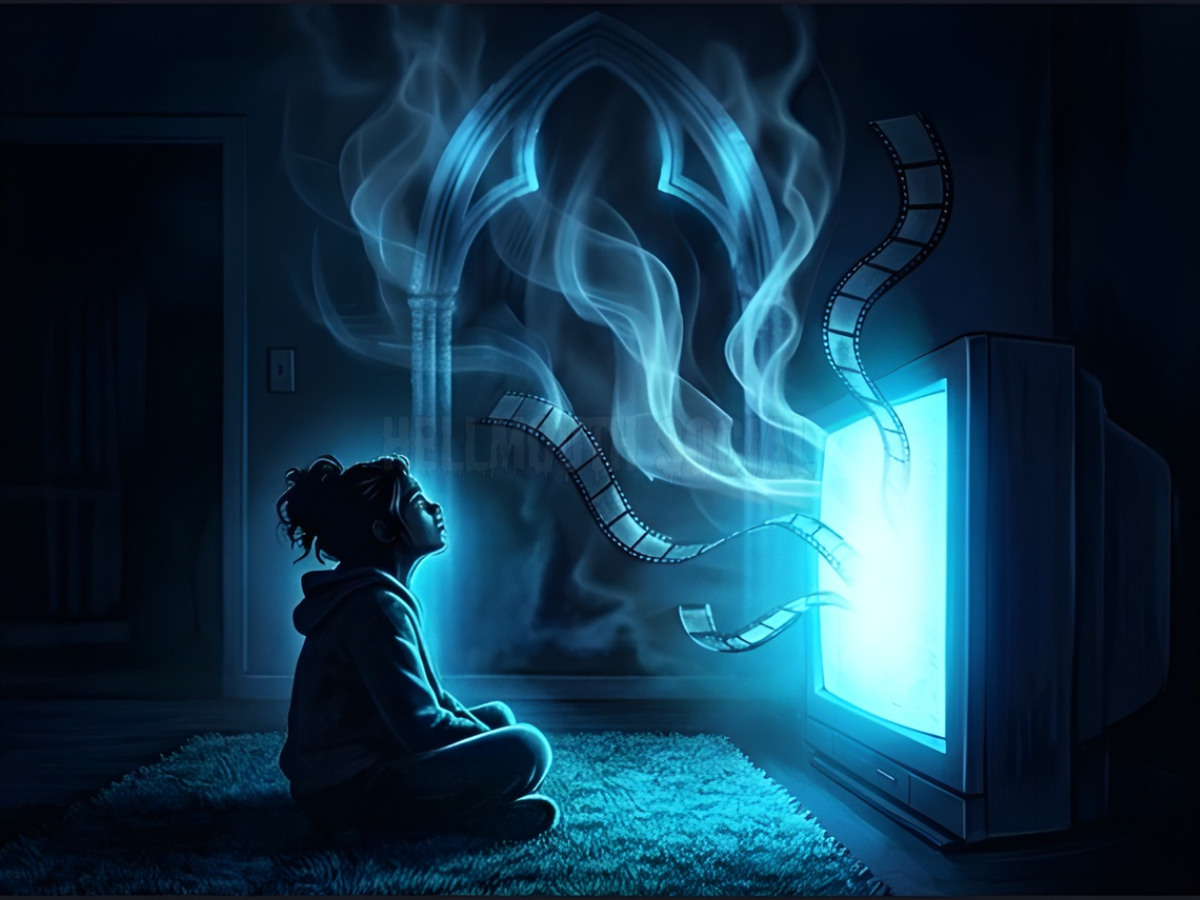 a Latina teenager sitting on a shag rug, illuminated by the neon blue glow of a massive, boxy CRT television. Ghostly, translucent wisps of smoke and film strips rise from the TV, swirling into the shape of a gothic archway.