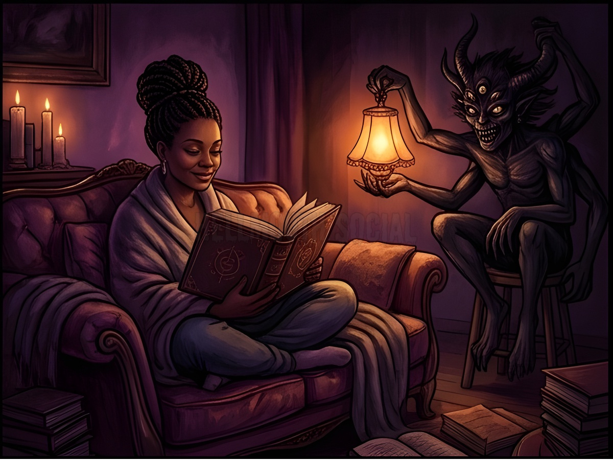 45-year old Black woman (with a bun hairstyle) is curled up on a couch, peacefully reading a grimoire while a terrifying, multi-eyed demon sits in the corner politely holding a lamp. The color palette is composed of comforting deep purples and oranges, making the supernatural feel like a sanctuary.