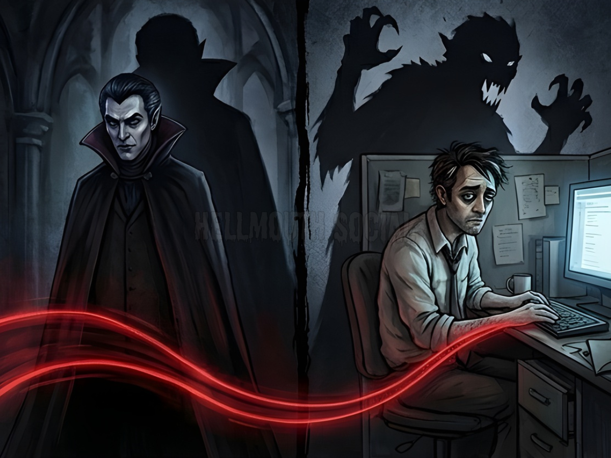 80s vampire in a high-collar cloak on one side, and a modern, exhausted office worker on the other, both casting the exact same jagged, monstrous shadow. The shadows merge at the feet, connected by a glowing red data-stream line.