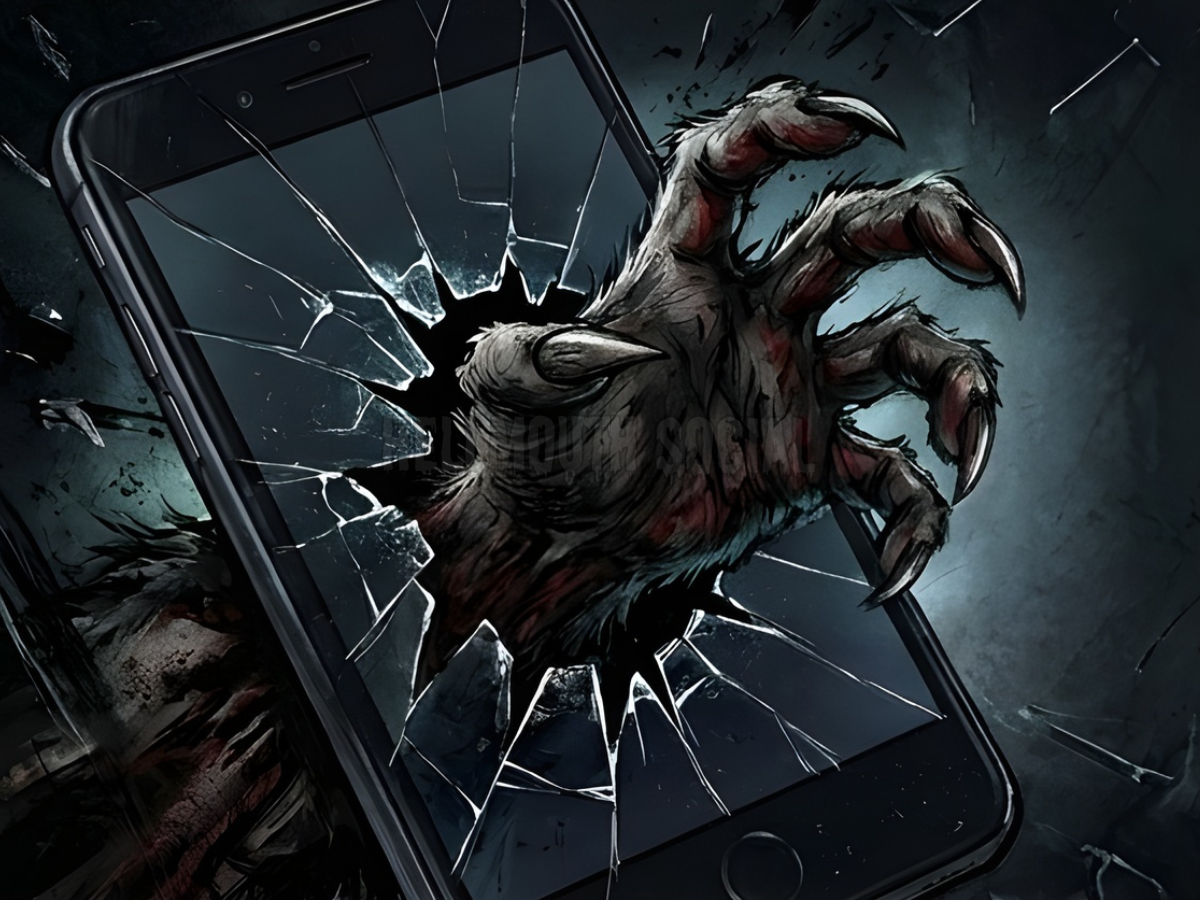 a monstrous, clawed hand bursting through a digital "filter" or a cracked smartphone screen. The illustration uses thick, textured brushstrokes to emphasize the "messy" reality of fur and sinew contrasting against clean, sterile binary code.