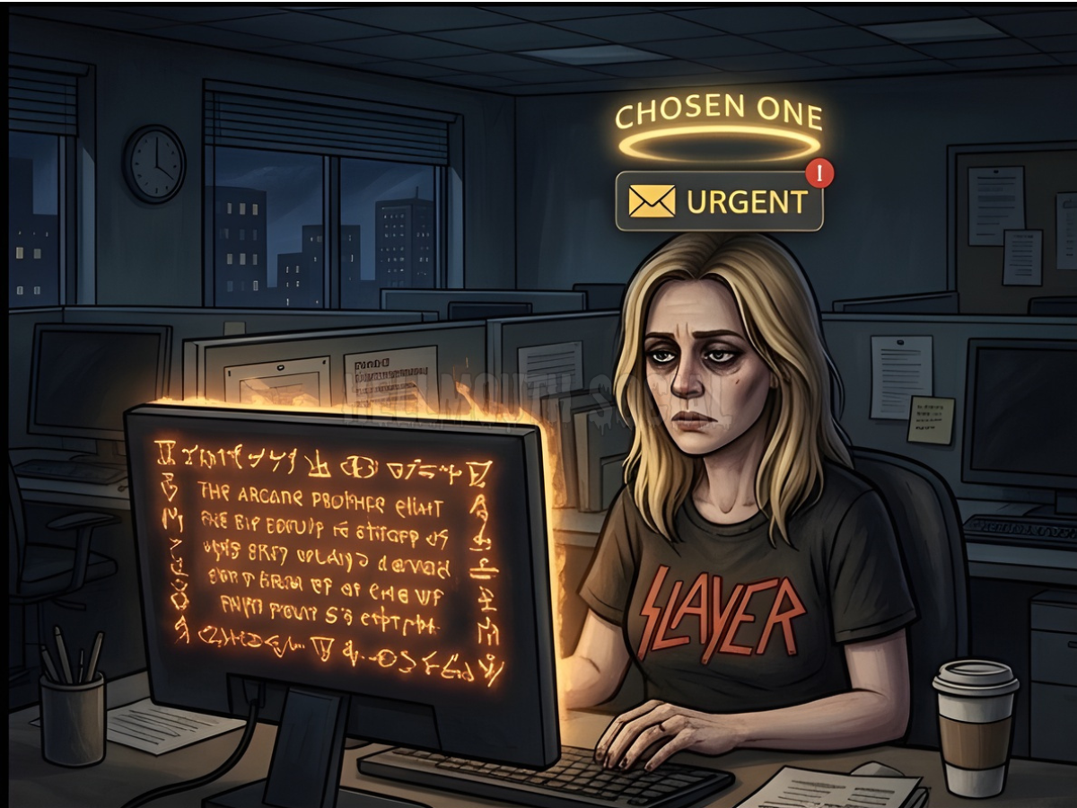 tired blonde, 45-year old woman in a modern cubicle wearing a faded "Slayer" t-shirt, staring at a monitor that reflects a glowing, ancient prophecy instead of a spreadsheet. Above their head, a faint, golden "Chosen One" halo is partially obscured by a hovering "Urgent" email notification icon.
