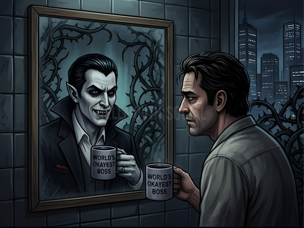 a dark-haired 50-year-old man looking into a bathroom mirror, where their reflection is a polished, sharp-toothed vampire holding a "World’s Okayest Boss" mug. The background is a mix of gothic thorny vines and modern city skyscrapers, symbolizing the two worlds finally becoming one.