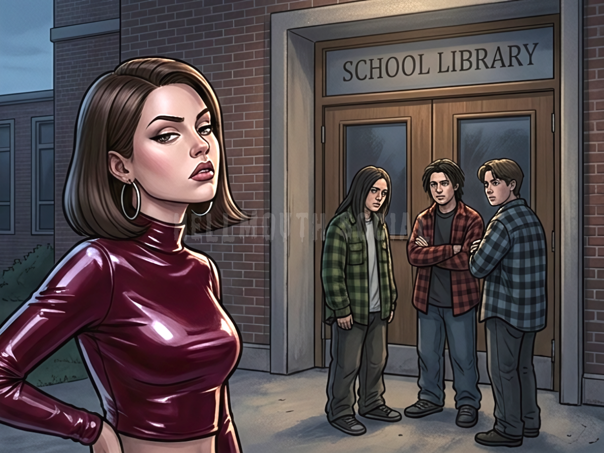 a "popular" girl in a high-shine polyester top looking down her nose at a group of outcasts near a library entrance