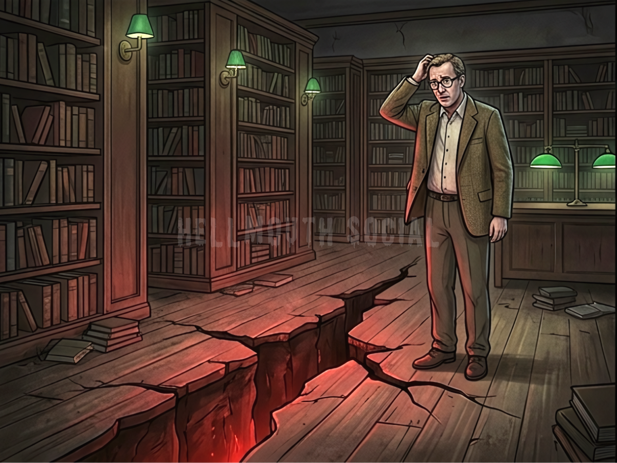 a dusty, sprawling school library with a giant, ominous, red-glowing crack in the floorboards and a very confused British man wearing spectacles