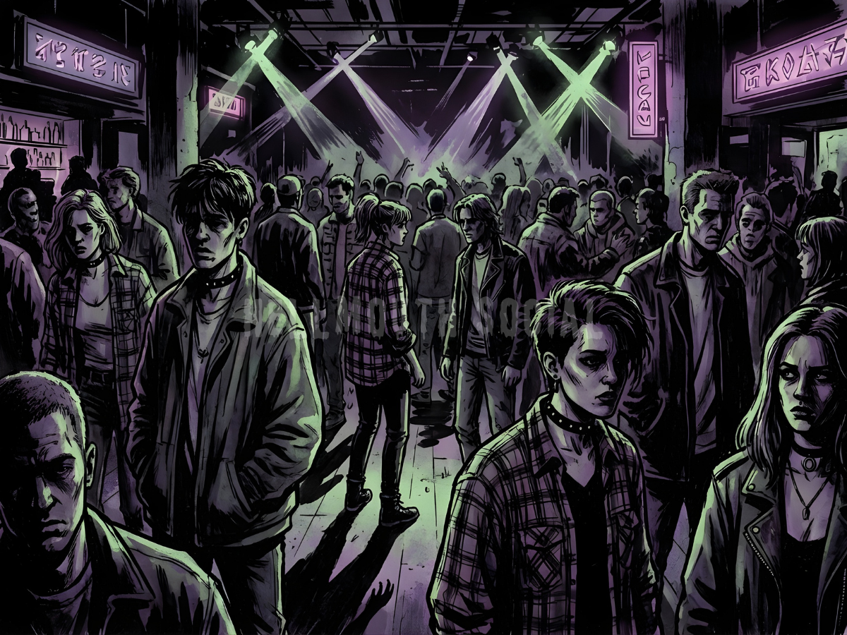 a crowded 1990s nightclub where everyone is looking in different directions, styled with high-contrast shadows and noir vibes