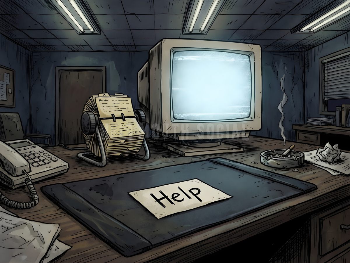 a 1999-era office desk with a massive beige monitor, a Rolodex, and a business card that simply says 'Help'