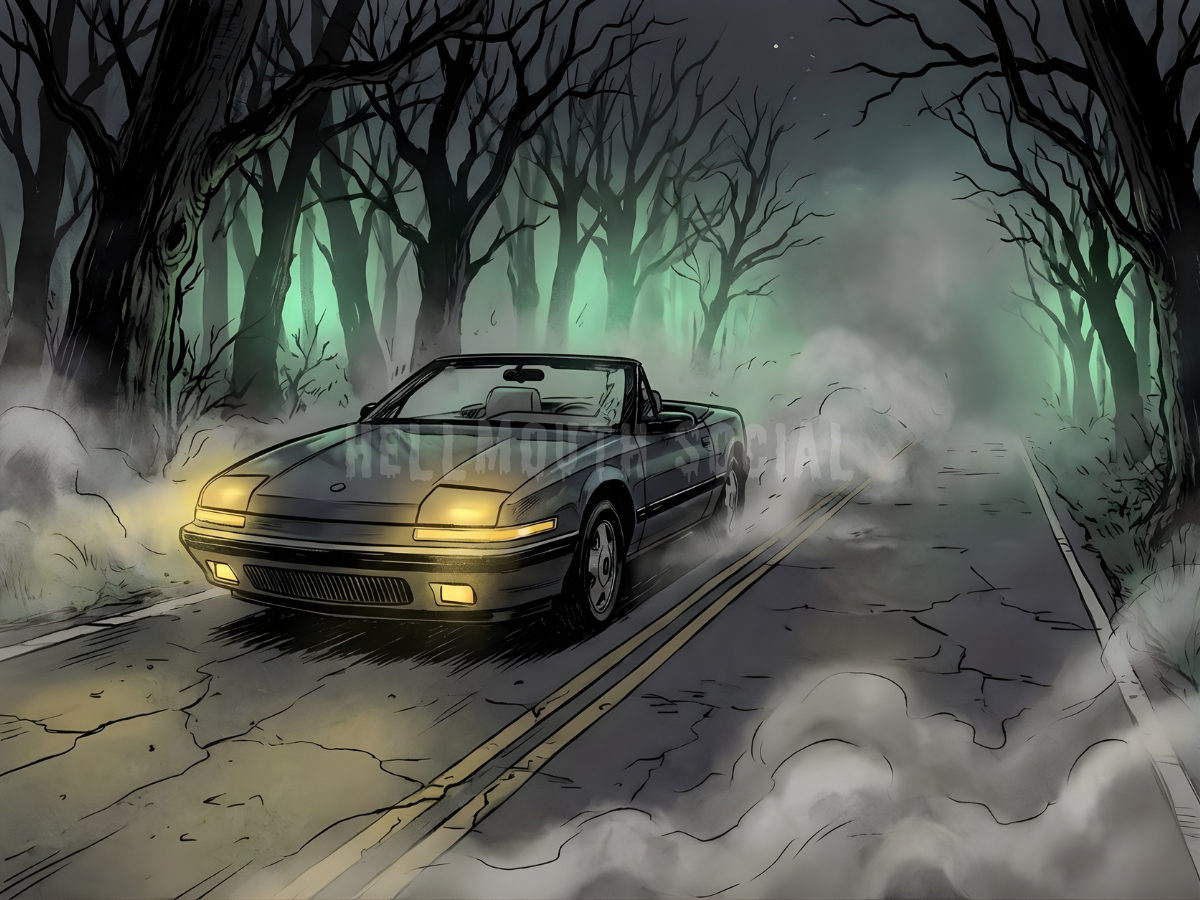 a classic 90s black convertible car driving down a dark highway, its headlights illuminating a path through thick fog