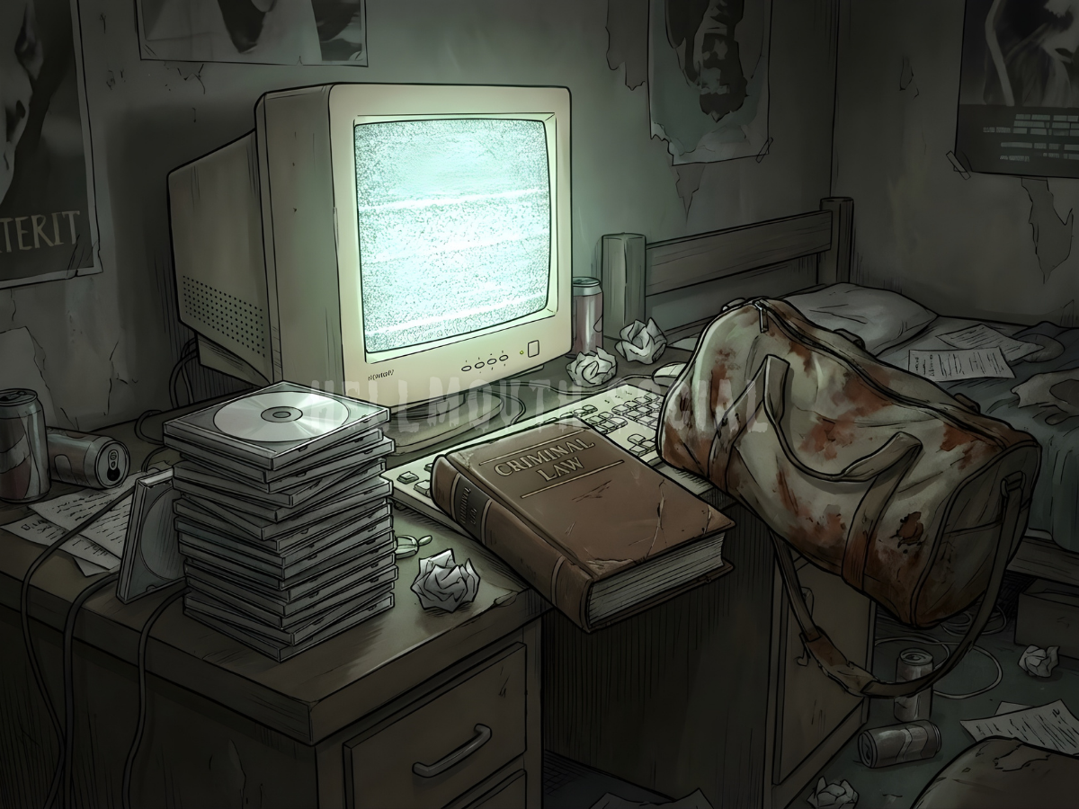 a cluttered college dorm desk featuring a chunky white monitor, a stack of blank CDs, and a law school textbook being shoved aside for a rusty duffel bag