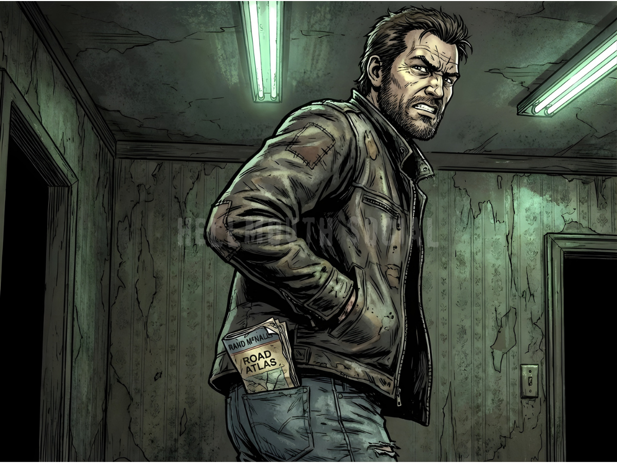 a man in a worn leather jacket trying to look "tough" while secretly holding a very small, very used physical road atlas