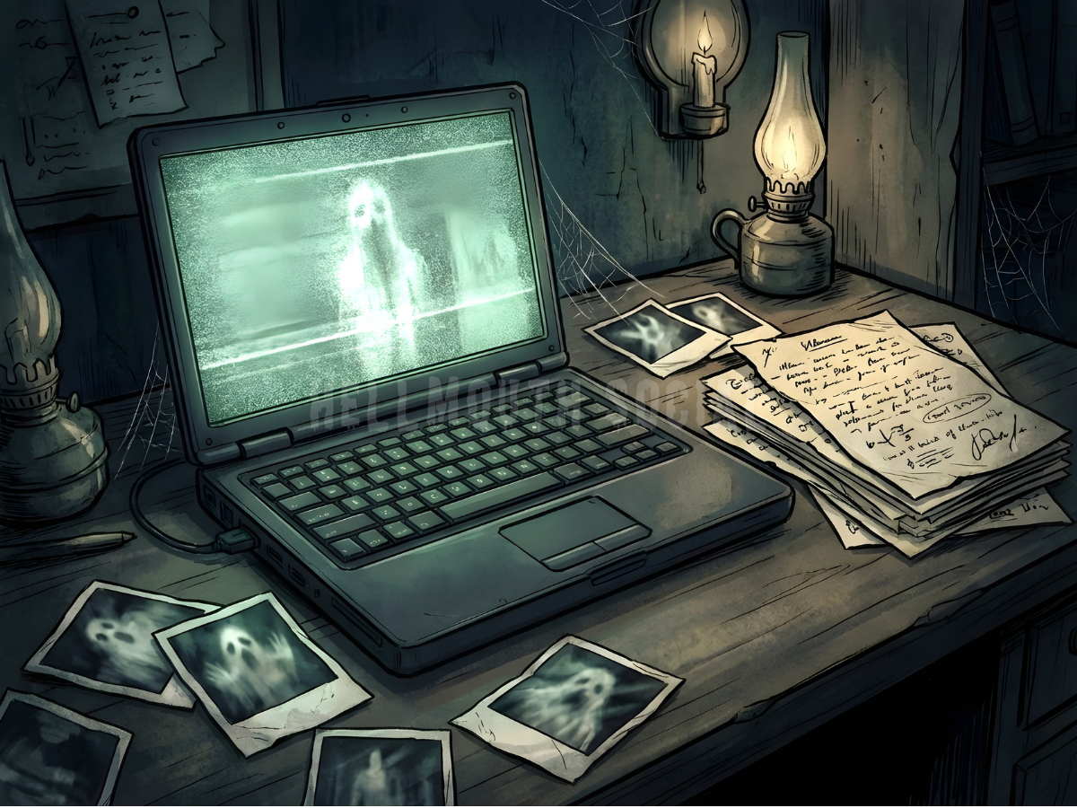 a bulky 2005-era laptop with a glowing screen, surrounded by scattered polaroid ghost photos and a messy pile of handwritten notes