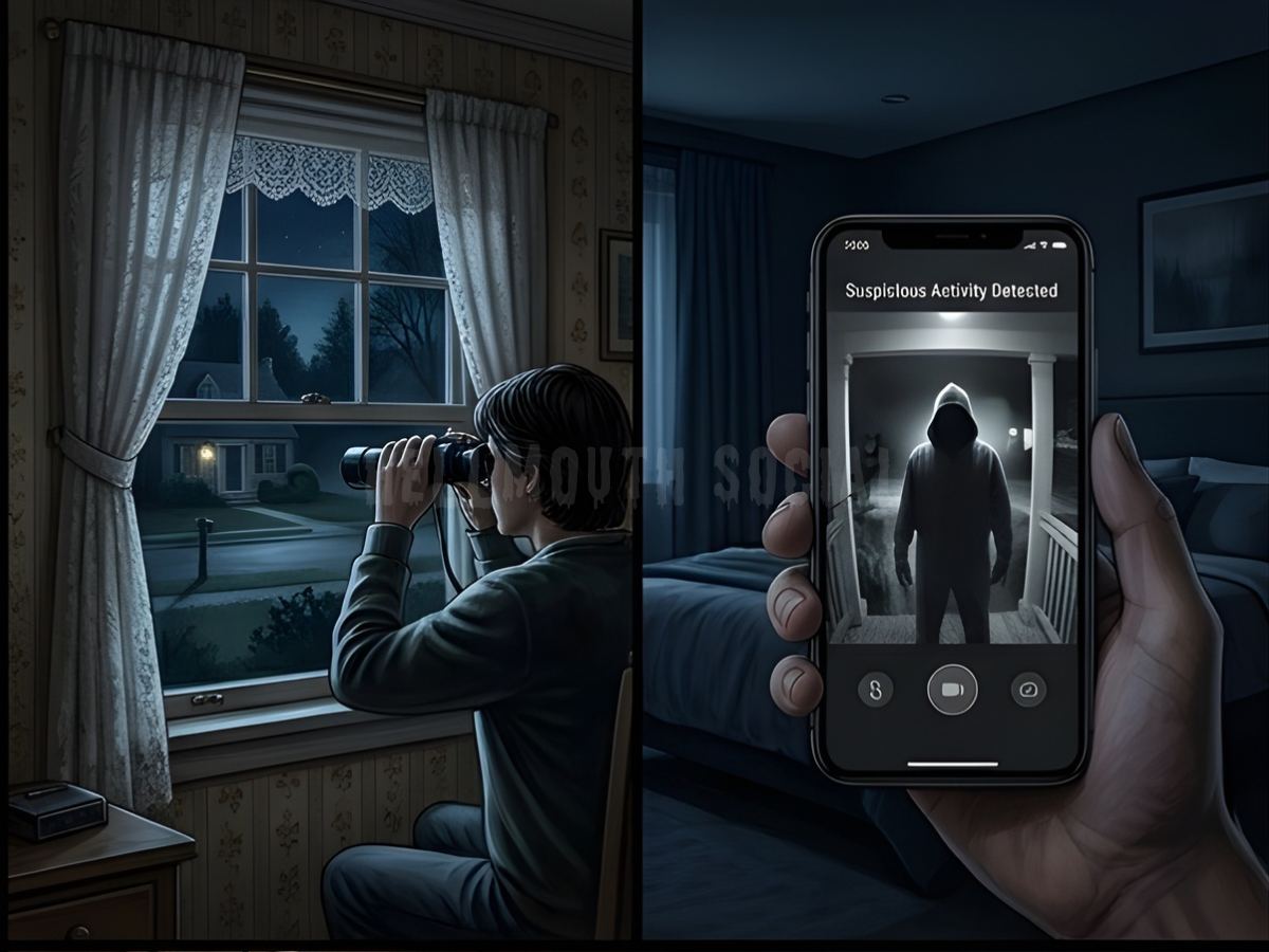 comparing a 1985 bedroom window with binoculars to a 2026 smartphone screen showing a grainy doorbell camera notification of a "suspicious person."