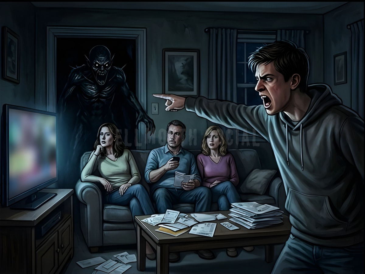 a frustrated White male teenager pointing at a monster while three adults behind him are distracted by a colorful TV screen and a pile of bills