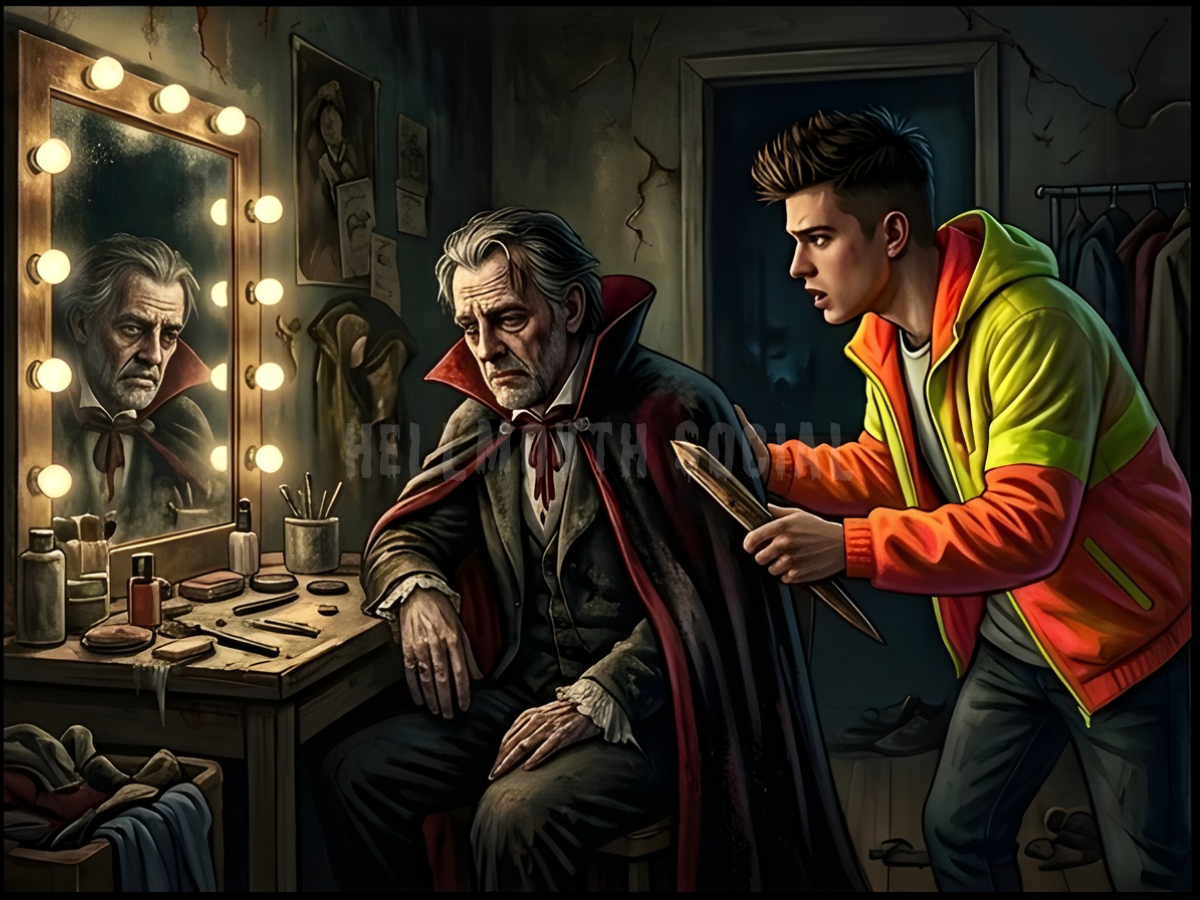an aging, washed-up 60-year-old male actor in a dusty cape looking sadly at his reflection, while a young man in a neon jacket tries to hand him a wooden stake