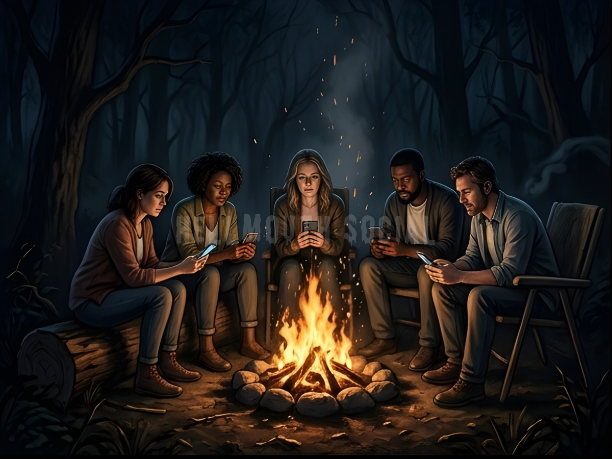 a group of 40-somethings, diverse men and women sitting around a fire pit, illuminated by the glow of their phones, looking tired but content