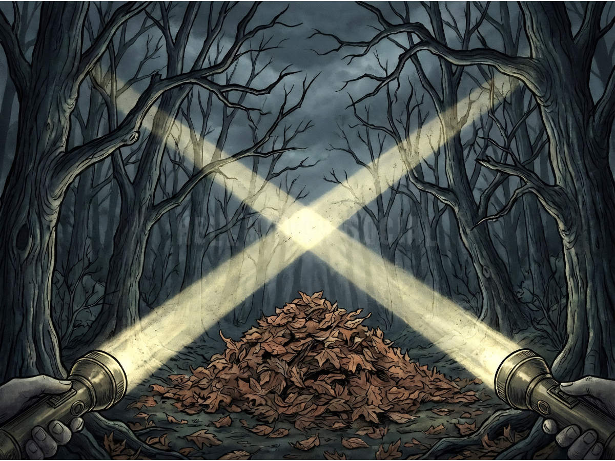 a dark, stylized forest at night with two flashlights crossing beams to form an 'X' over a pile of autumn leaves