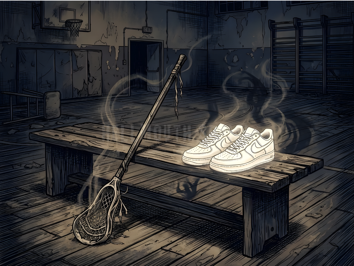 a wooden bench in a gym, with one lone, tattered lacrosse stick and a pair of very expensive, very white sneakers
