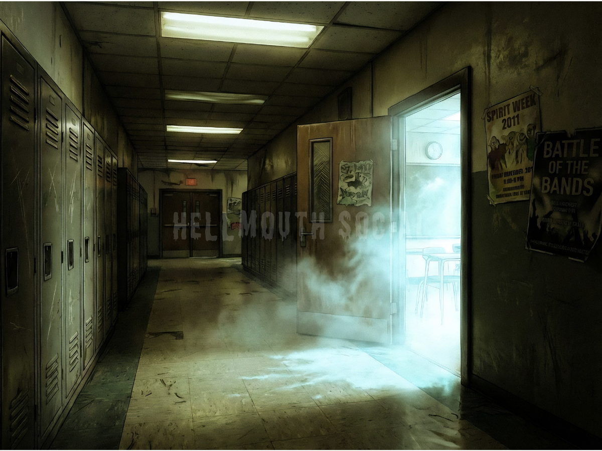 a vintage 2011-era school hallway with lockers on one side and a glowing, ethereal light coming from an open classroom door