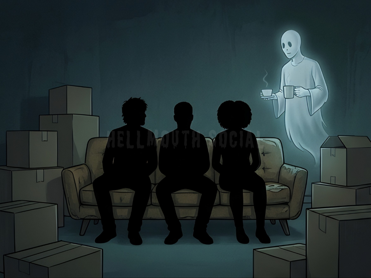 three diverse silhouettes sitting on a worn-out mid-century modern sofa, surrounded by cardboard boxes and a hovering, translucent figure holding a tea mug