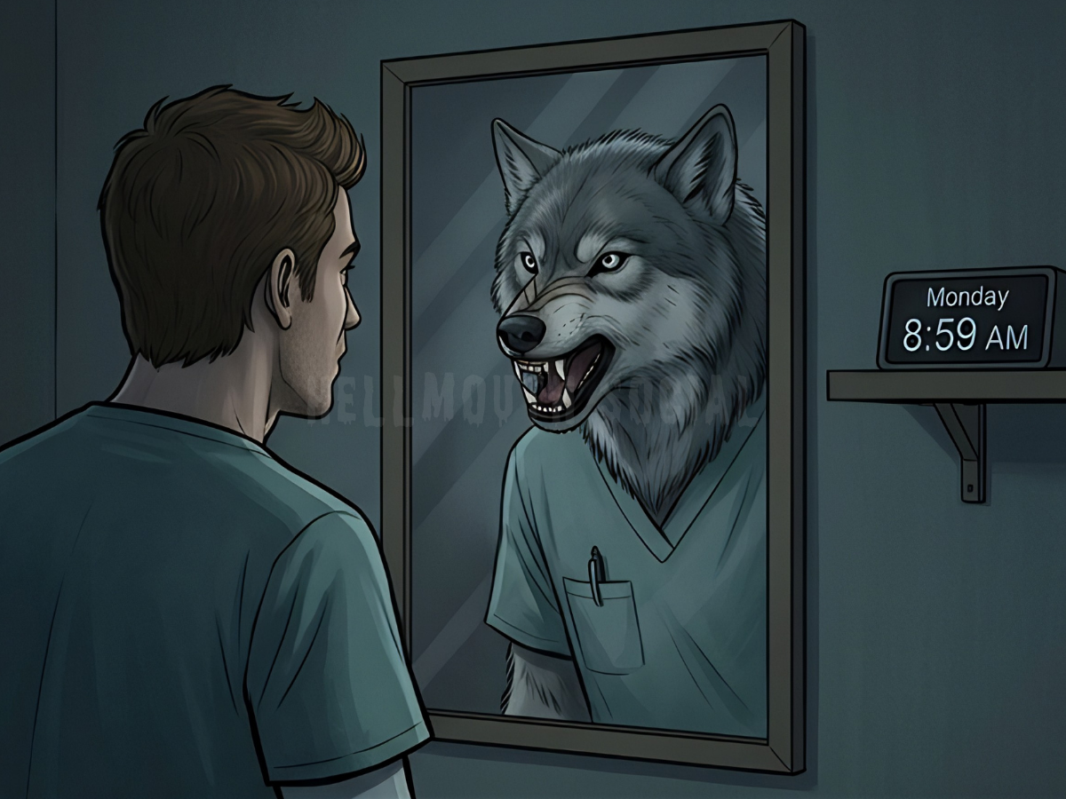 a brown-haired man in medical scrubs looking into a mirror, but his reflection is a snarling wolf, while a digital clock in the background shows "Monday 8:59 AM."