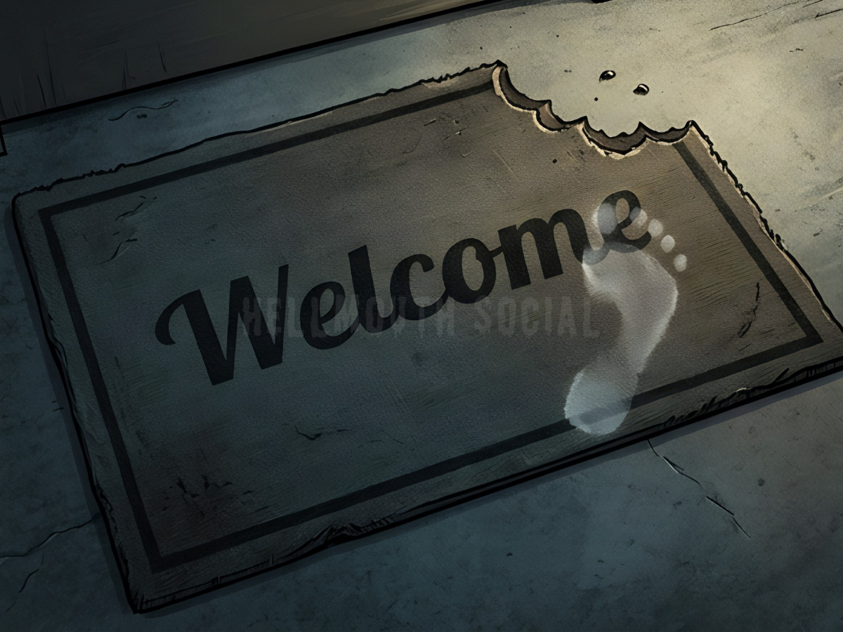 a weathered "Welcome" mat with a bite mark taken out of one corner and a translucent footprint fading into the fabric.