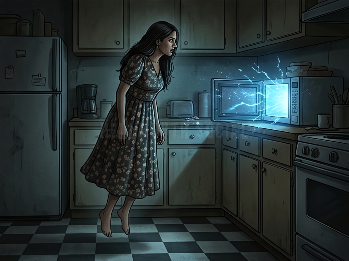 a long-haired Indian woman in a vintage floral dress floating two inches off the floor, staring intensely at a microwave that is glowing with mysterious blue energy.